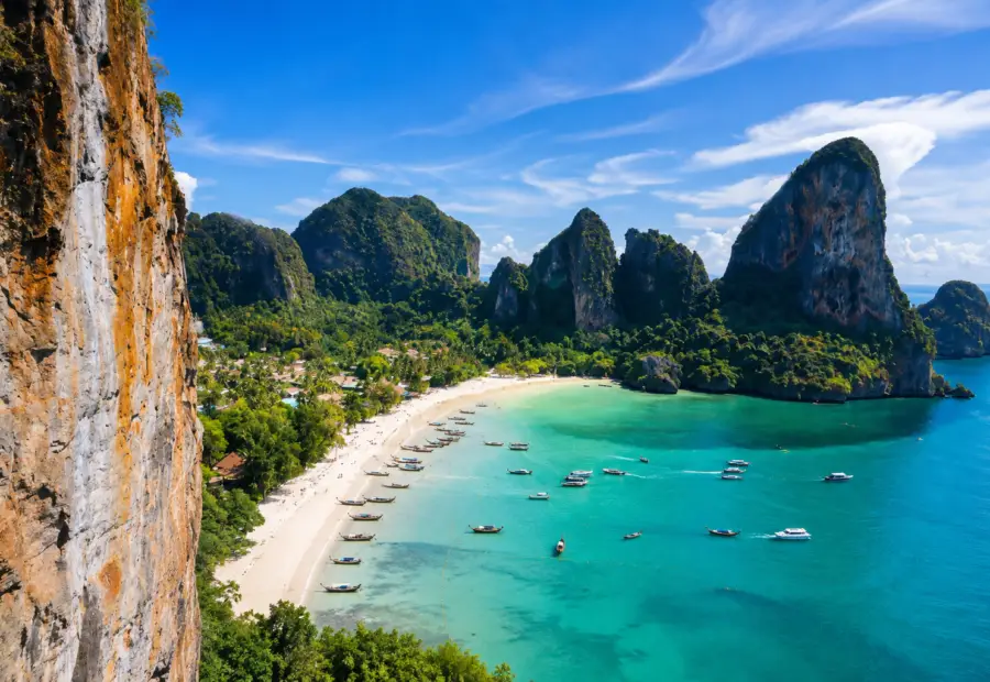 Scenic view of a tropical beach, turquoise sea and limestone cliffs in Phuket, Thailand