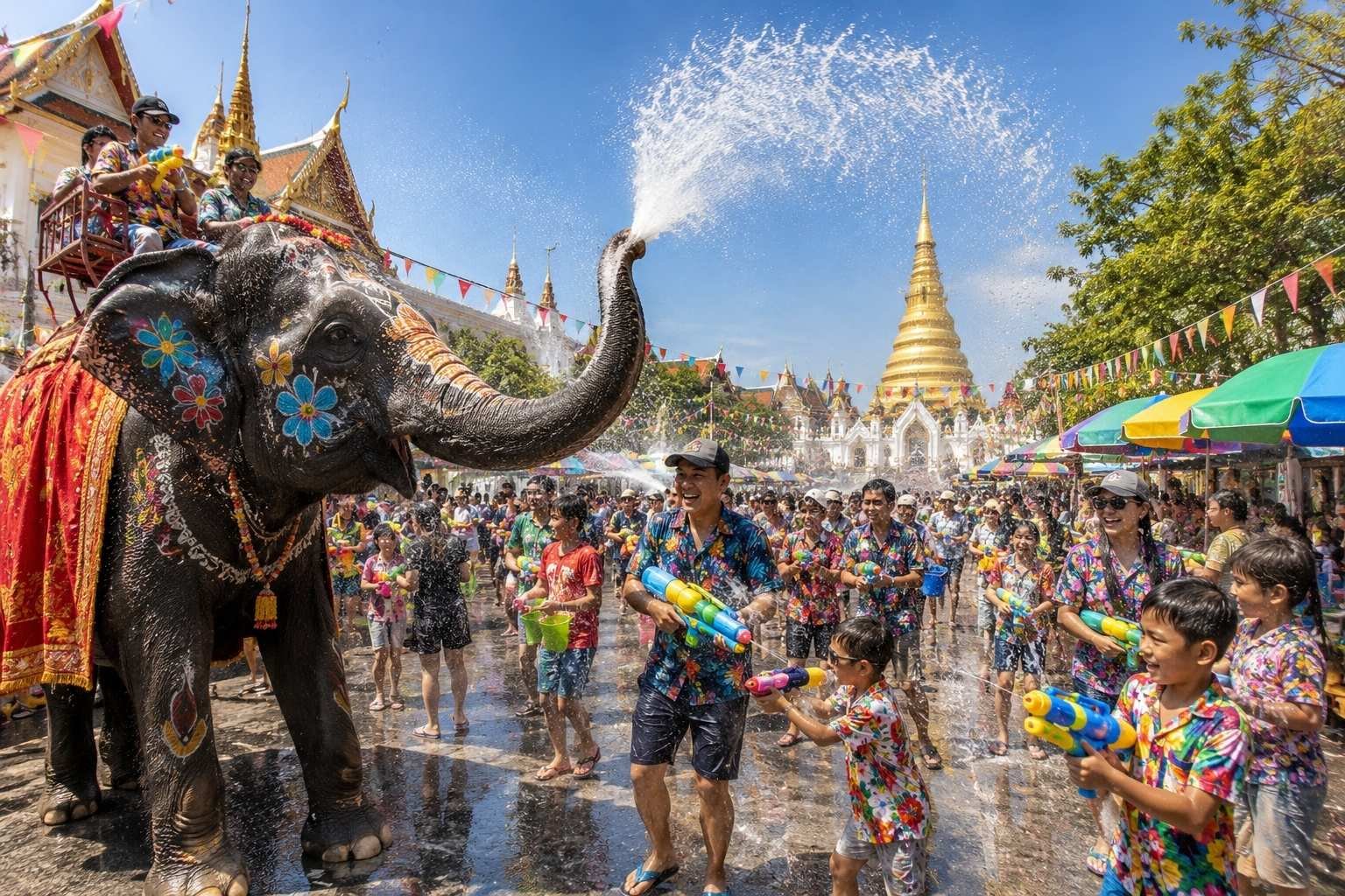 Songkran Water Festival with an elephant, people holding water guns and a Thai temple in the background.