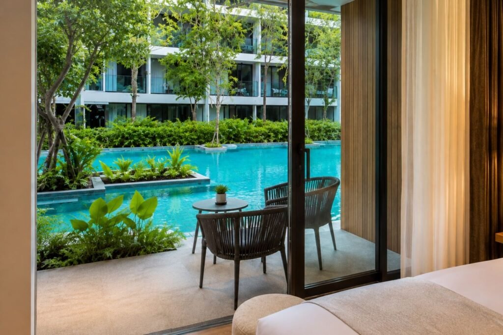 Outdoor patio with swim-up pool access at Stay Wellbeing & Lifestyle Resort in Phuket, Thailand