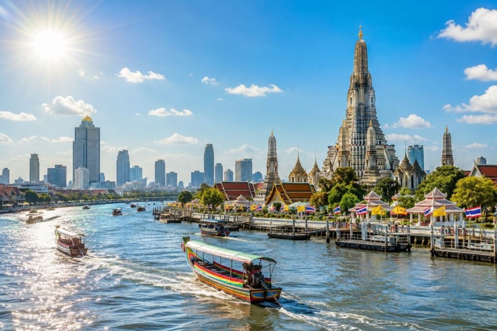 Canal boat on the river with temples and buildings, with the Bangkok city skyline in the background