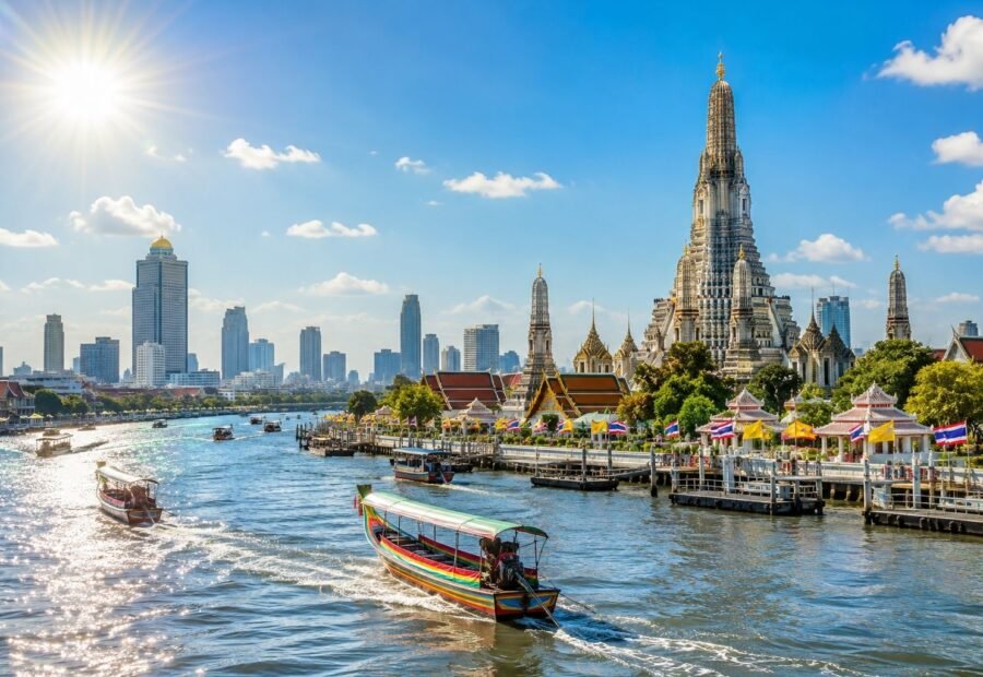 Canal boat on the river with temples and buildings, with the Bangkok city skyline in the background