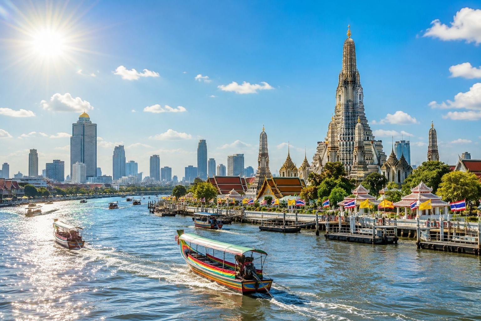 Canal boat on the river with temples and buildings, with the Bangkok city skyline in the background