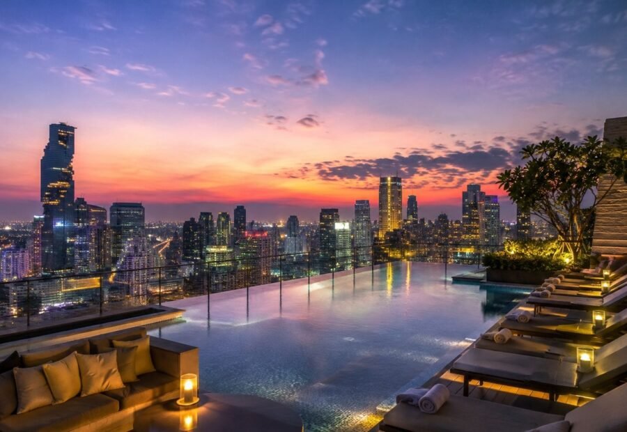 Bangkok hotel swimming pool overlooking the city skyline